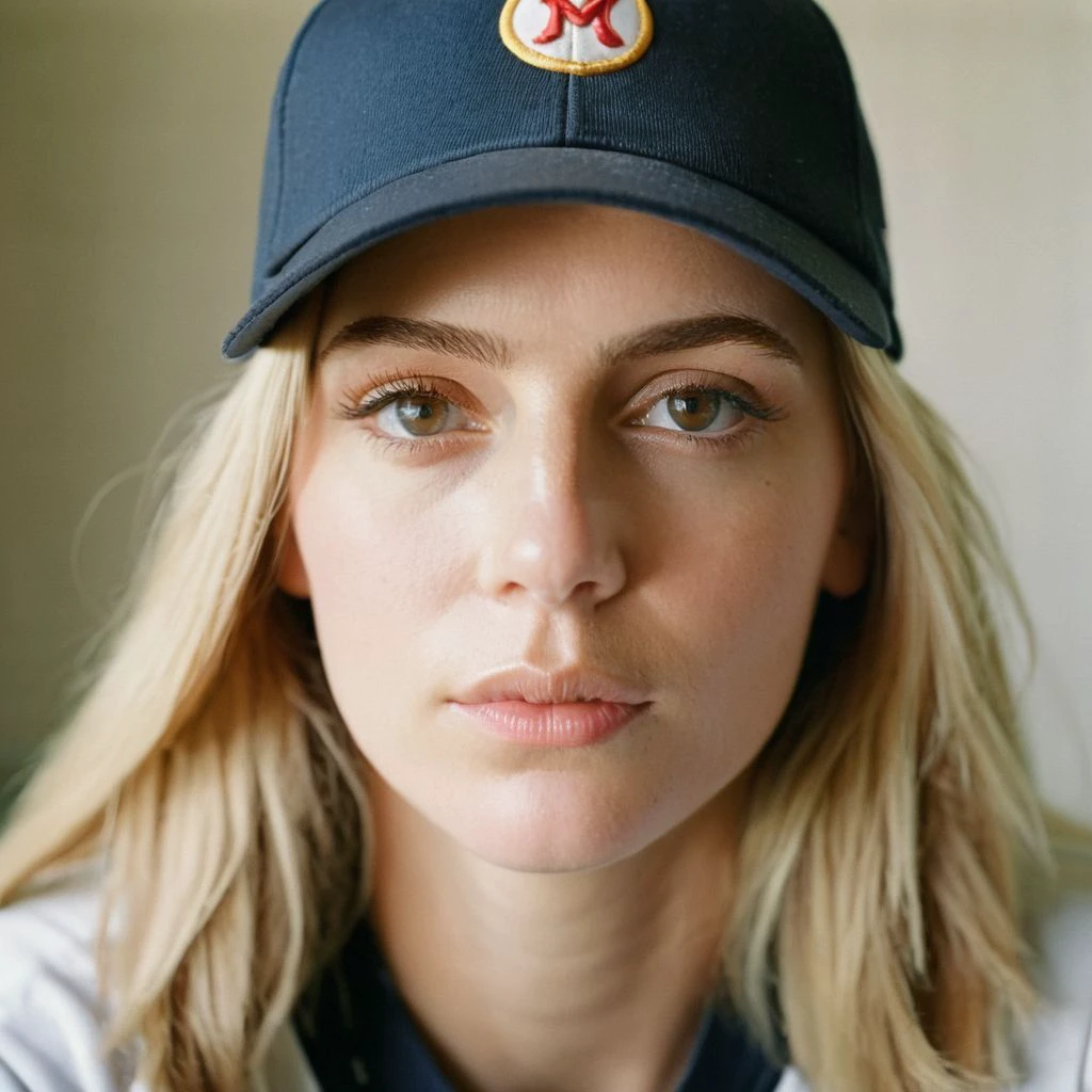 film photography style a woman with hazel eyes and light hair wearing a baseball cap, Close Up, Eye Level, light grain <lora:FILM_PHOTOGRAPHY_STYLE-000049:.7>