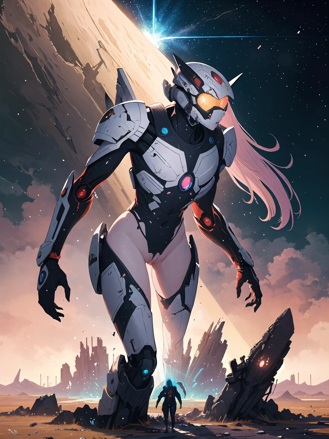 k, hentai, solo, nsfw masterpiece, highly detailed, chromatic aberrations, hand, correct hand anatomy, bright, vibrant, colorful, beautiful, intricate, particles, light rays, on the background a battle-damaged spaceship making an emergency landing on a remote planet