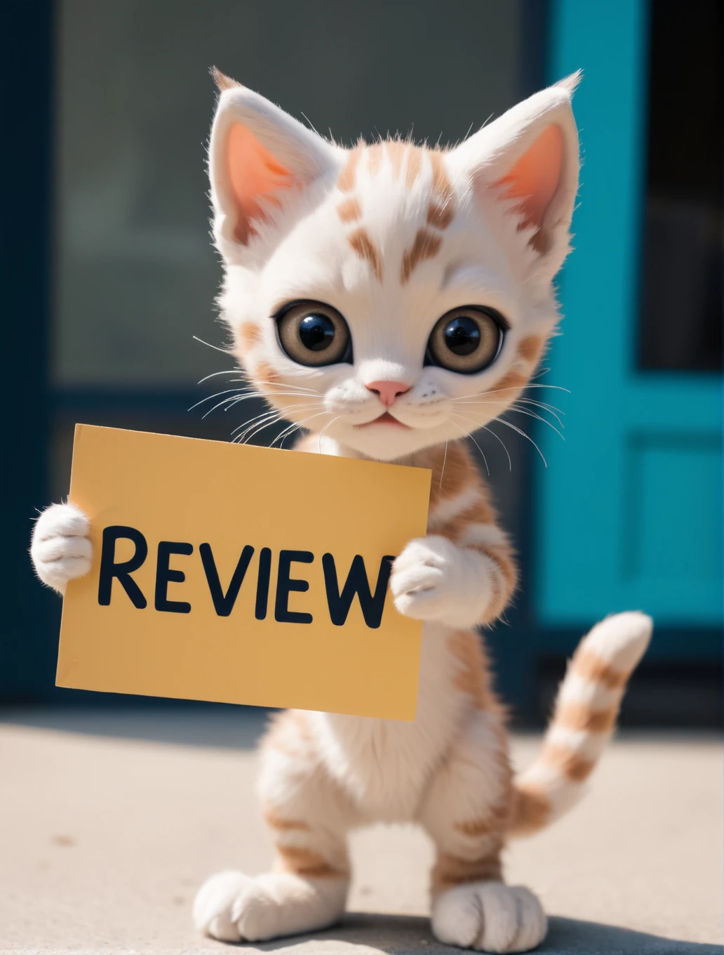 analog raw photo of the adorable anthropomorphic kitten holding the sign "Review"