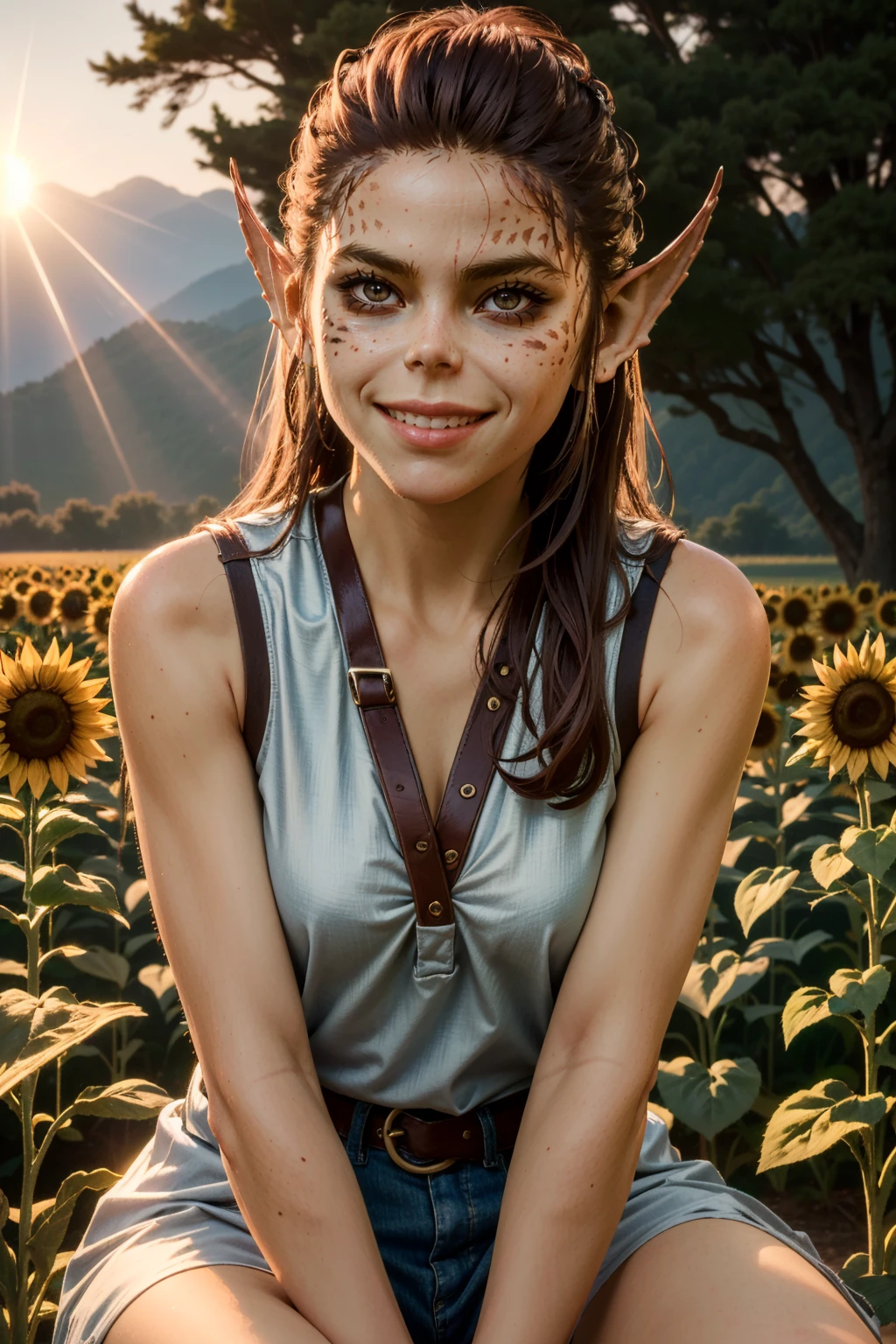 ( masterpiece, best quality, highres:1.3)
 <lora:BGLaezel-000001:0.7>
BGLaezel, 1girl, solo, pointy ears, long hair, sitting in a sunflower field, smiling, sunlight