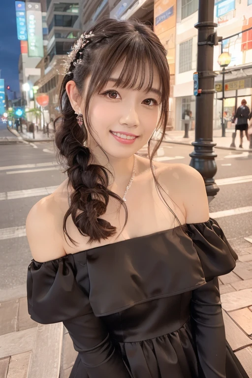 1girl, (wearing an off-the-shoulder dress:1.4),(RAW photo, best quality), (realistic, photo-realistic:1.4), masterpiece, an extremely delicate and beautiful, extremely detailed, 2k wallpaper, Amazing, finely detail, extremely detailed CG unity 8k wallpaper, ultra-detailed, highres, soft light, beautiful detailed girl, extremely detailed eyes and face, beautiful detailed nose, beautiful detailed eyes,(cinematic lighting:0.8),(in the city at night:1.8),(night city view:0.8),perfect anatomy,slender body,smiling,(young girl:1.6),(close up:1.6),(look at viewer),(front view:1.4),cinematic angle,(cleavage:1.4),(wavy long hair),(brown eyes:1.6), <lora:maekawaryouko_lora-02:0.8>