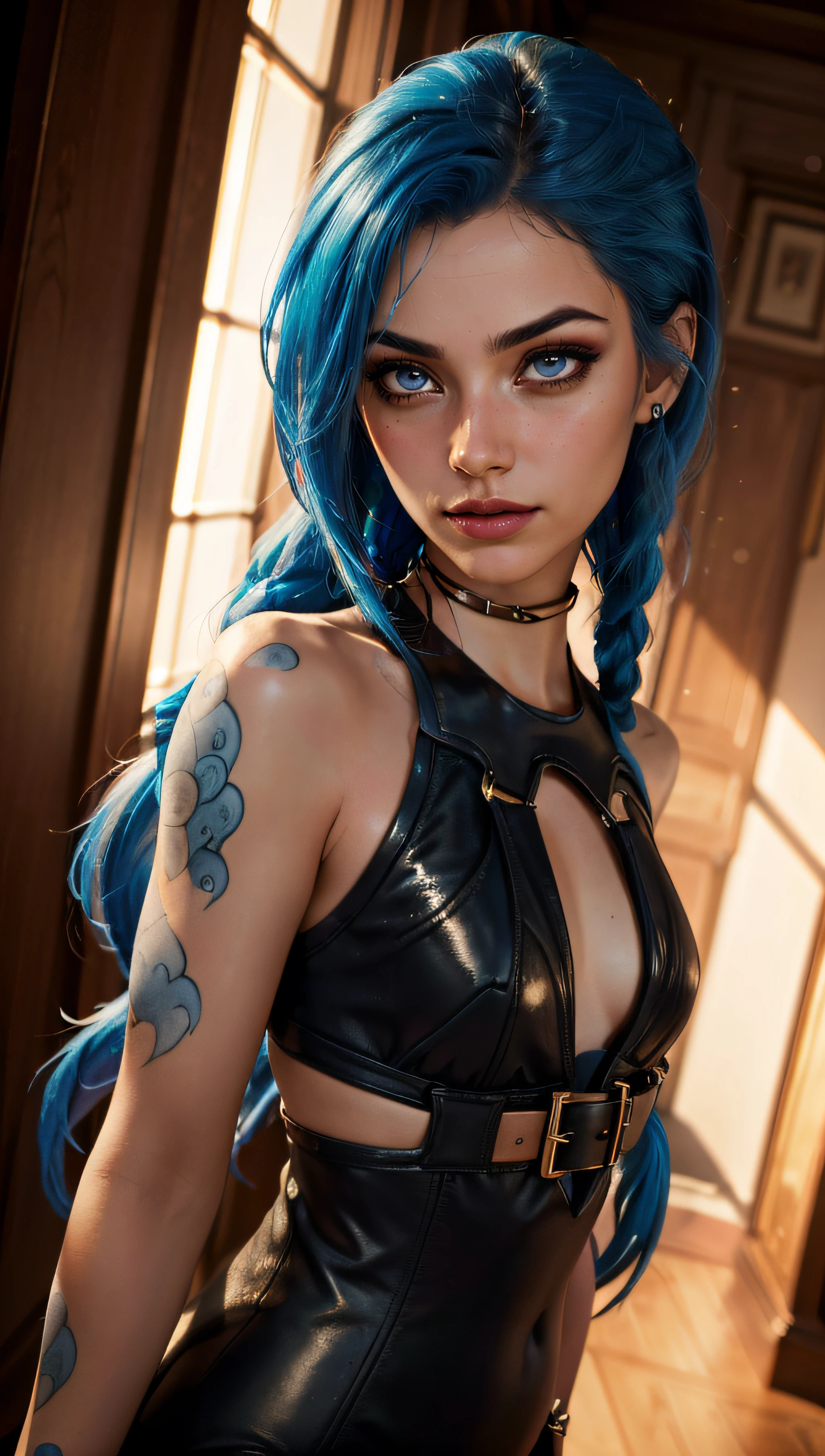(best quality, masterpiece, colorful, dynamic angle, highest detailed)(Jinx, Legue of Legends, Arcane) upper body professional photo, award winning fashion photography of sexy, intense blue long hair, Jinx <lora:JinxLol:1>, Legue of Legends, Arcane, flirting, bokeh, (intricate details, hyperdetailed:1.15), detailed, moonlight passing through hair, perfect night (fantasy colorful art background, extreme detailed, highest detailed, natural skin texture, hyperrealism, soft light, sharp, perfect face), HDR+