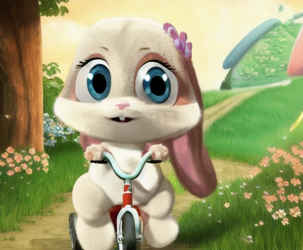 <lora:SSBunnu-v3_furryrock:1>snuggelina, Furry, Anthro, bunny, cub, solo, small body, plump, thick, Blue eyes, fur, female, cute, pink nose, lop-eared, blooming meadow, legs spread, modest, sweet, kind, mysterious, sparkle in the eyes, fireflies, riding a bike