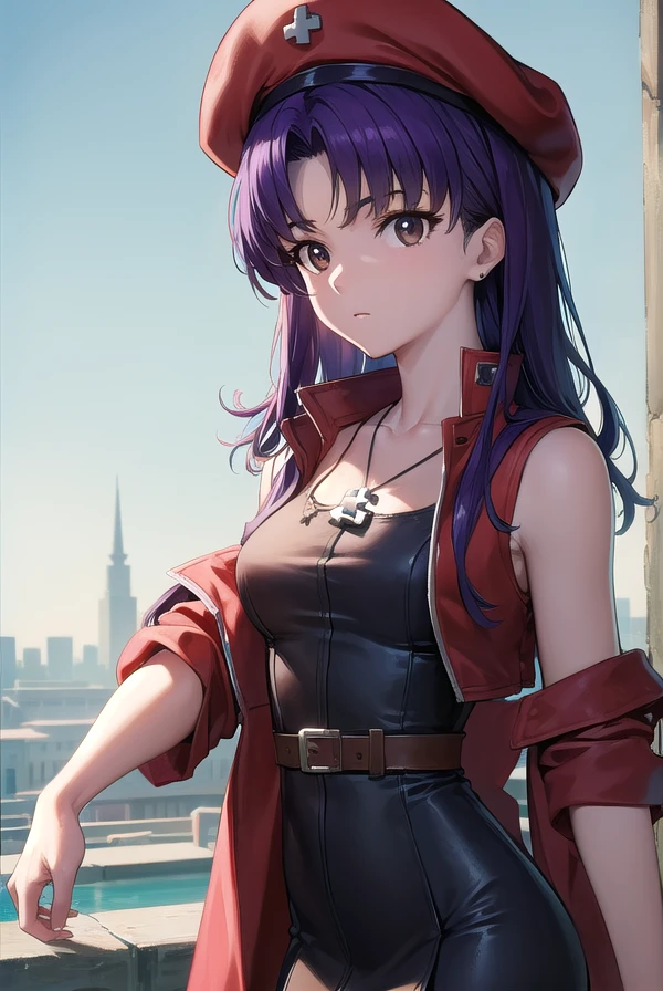 misatokatsuragi, <lora:misatokatsuragi-lora-nochekaiser:1>,
misato katsuragi, long hair, (brown eyes:1.5), blue hair, (purple hair:1.2),
BREAK hat, dress, bare shoulders, jewelry, jacket, earrings, open clothes, sleeveless, necklace, black dress, open jacket, sleeveless dress, beret, short dress, cross, red headwear, (red jacket:1.5), cross necklace,
BREAK outdoors, city,
BREAK looking at viewer, (cowboy shot:1.5),
BREAK <lyco:GoodHands-beta2:1>, (masterpiece:1.2), best quality, high resolution, unity 8k wallpaper, (illustration:0.8), (beautiful detailed eyes:1.6), extremely detailed face, perfect lighting, extremely detailed CG, (perfect hands, perfect anatomy),