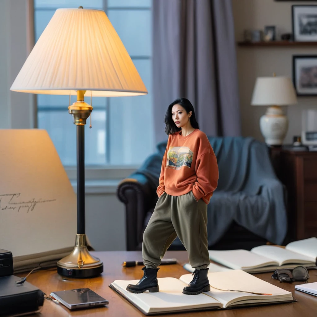 (best quality), (masterpiece), ultra-detailed, illustration, a scene involving one tiny (shrunken) woman, 30 year old, looking at viewer, wearing huge loose oversized sweatshirt and loose baggy pants, wearing boots, shrunken woman (standing on desk next to notebook, lamp), living room, couch, sofa, lamp, curtains, wood floors, coffee table, side table, windows, apartment, dynamic light, combed back black hair, 8k uhd, dslr, soft lighting, high quality, film grain, Fujifilm XT3, sharp focus, F/8.0,frowning face, <lora:shrunk_xl_v11:1>