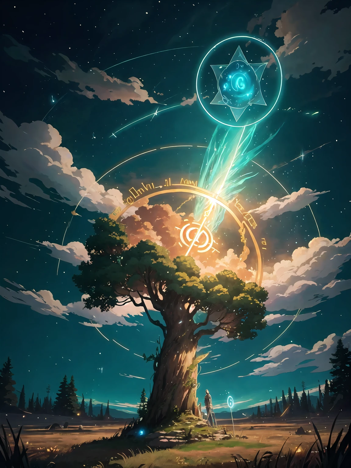 golden hour, anime, fantasy, knocking to the heavens door, sky, realistic, light particles, clouds, magic circle, glyph, magic runes, outdoors, on the background a forest of electric trees, glowing with circuit-patterned leaves