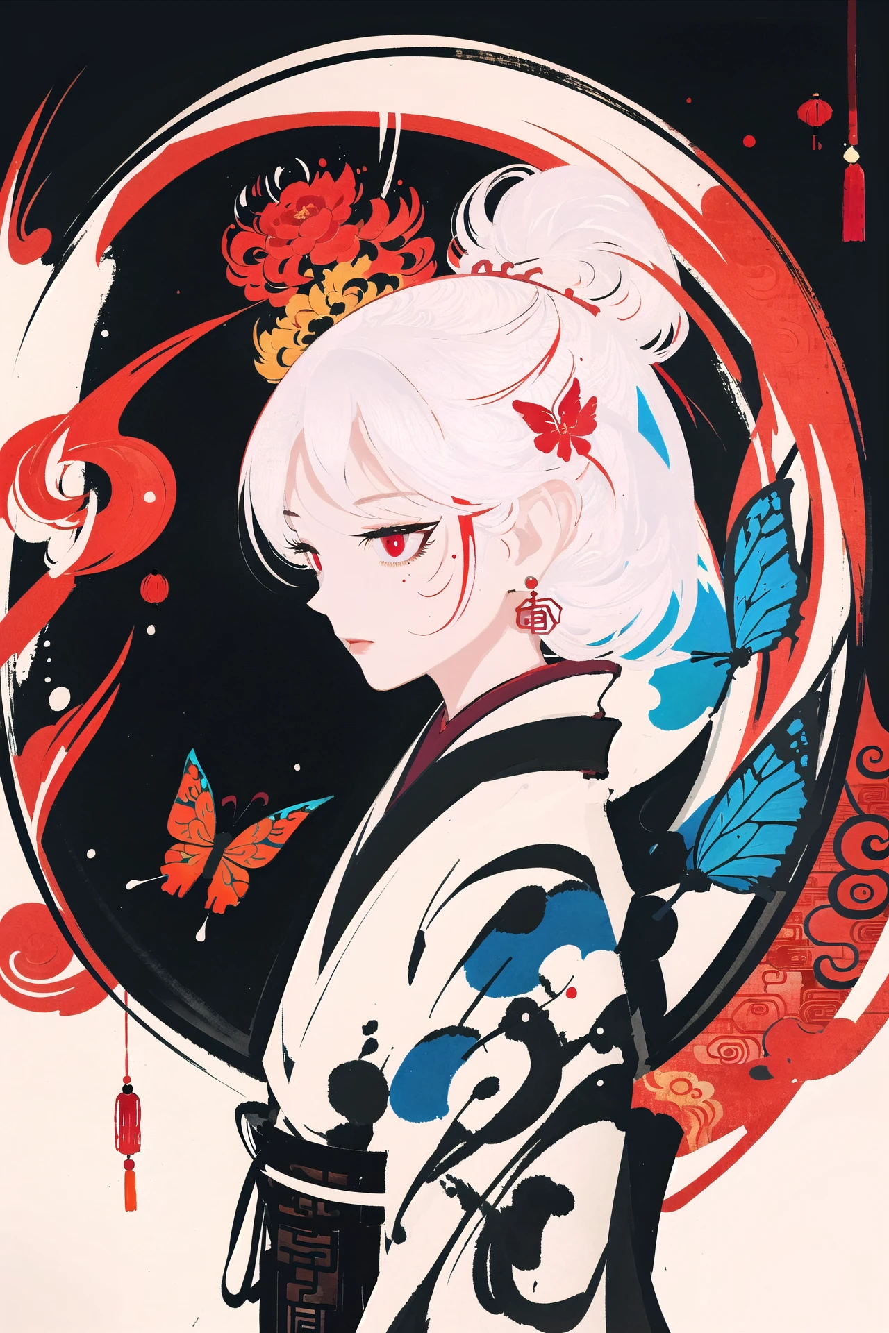 (masterpiece), (best quality),(illustration), looking at viewer,colorful,from side,((chinese colorful ink)),
(1 girl:1.2),detailed long white hair + red eyes,detailed face, half body, white hair, (mole under eye:0.9), squinting,eyeshadow, hair ornament, small breasts,( kimono), cold face,long floating hair,,hair over one eye,little white double bun\\,
(masterpiece), (best quality),(illustration),
1girl,upper body,(white hair +red eyes),kawayi face,colorful painting,
(inside red fire AND (blue fire)),(+++flying butterfly:1.2),inner red hair,(circular fan background:1.2),
((ink splashing)),((chinese colorful ink)), ((Chinese color ink painting style)),beautiful blue
// <lora:smirkingeye_v100:1> <lora:noline:1> <lora:åæ¶chongzhen:0.7>