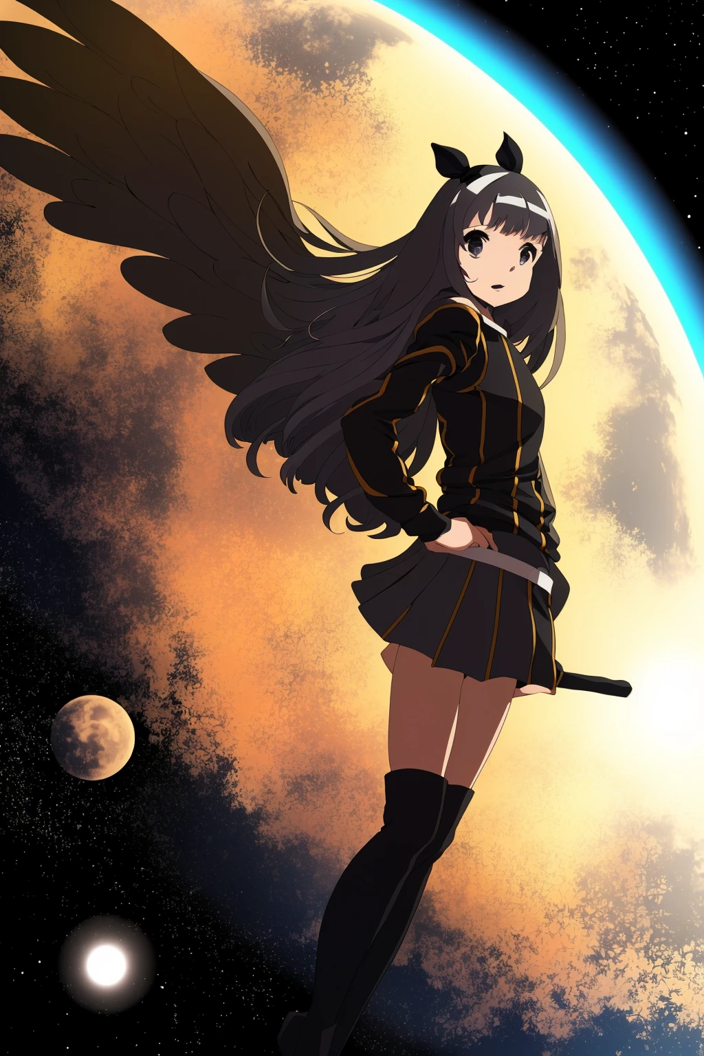 1girl in an anime pose a closeshot studio ghibli and alan escher of a giant black space shuttle, cinematic pose, in space, beautiful and cool look, golden and futuristic and fantasy science armor, golden frame in portrait of woman with wings and feathers in style of by raff