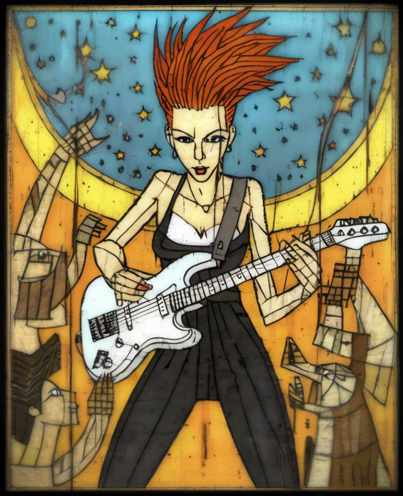 rivghn style woman with a mohawk playing electric guitar onstage with a band, crazy lighting <lora:rivghnXL3-000039:1>