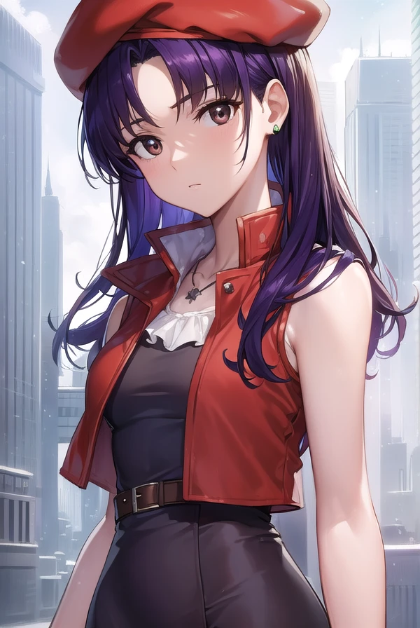 misatokatsuragi, <lora:misatokatsuragi-lora-nochekaiser:1>,
misato katsuragi, long hair, (brown eyes:1.5), blue hair, (purple hair:1.2),
BREAK hat, dress, bare shoulders, jewelry, jacket, earrings, open clothes, sleeveless, necklace, black dress, open jacket, sleeveless dress, beret, short dress, cross, red headwear, (red jacket:1.5), cross necklace,
BREAK outdoors, city,
BREAK looking at viewer, (cowboy shot:1.5),
BREAK <lyco:GoodHands-beta2:1>, (masterpiece:1.2), best quality, high resolution, unity 8k wallpaper, (illustration:0.8), (beautiful detailed eyes:1.6), extremely detailed face, perfect lighting, extremely detailed CG, (perfect hands, perfect anatomy),