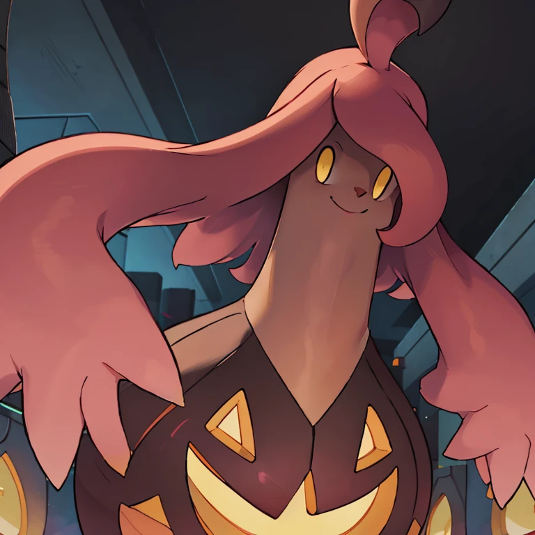 ((masterpiece,best quality)), absurdres,
<lora:Gourgeist_Pokemon_Anime:1>, Gourgeist_Pokemon, no humans, pokemon \(creature\),
solo, smiling, looking at viewer,
purple theme, graveyard in background,