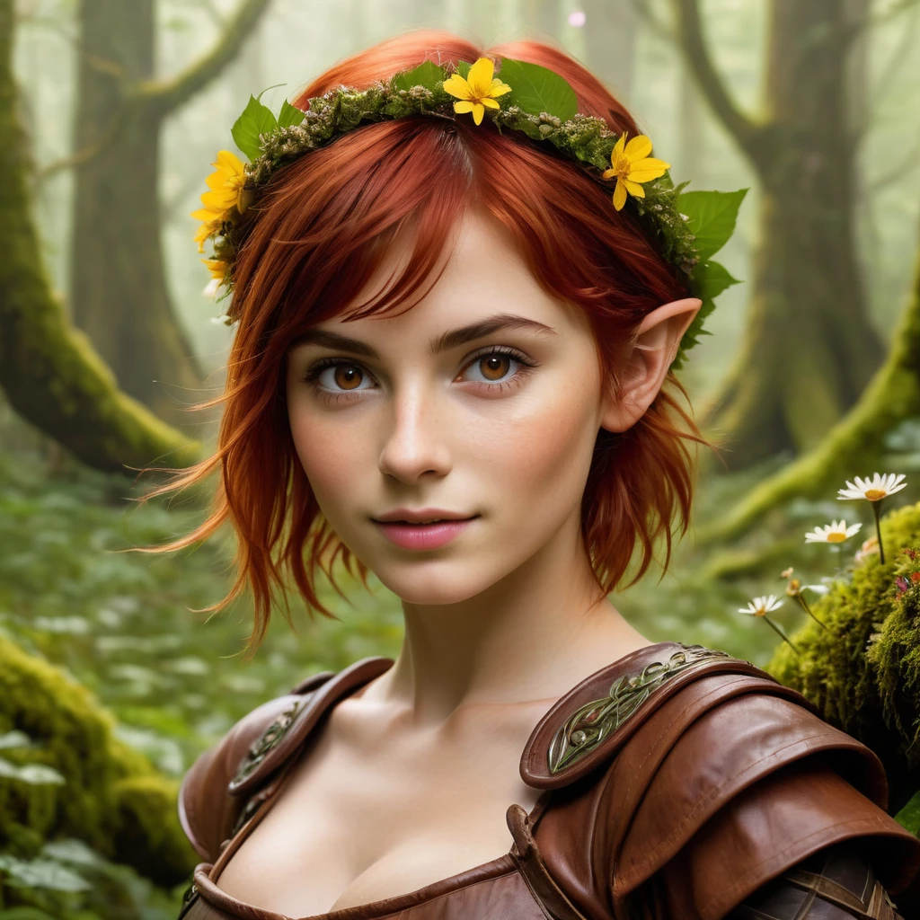 <lora:FaeTastic:0.3> (Close shot, face portrait:1.3) photo of a afraid happy 20 year old beautiful (Quebec elf woman with Brown eyes and fair skin:1.3), Pixie Cut flowing (red hair:1.3). She is young, athletic with (large breasts:1.3), (small goat horns:1.5), fae (elven ears:1.5), (small symmetric nose:1.3), big beautiful eyes, full lips, Thick eyebrows, (perfect teeth), (perfect hands), glossy lips, eyeliner, eyeshadow. She is wearing (brown leaf ranger armor and bracers:1.3), (leaf and flower crown), (leather heeled boots). She is dancing, arms above her head in a (magical enchanted:1.3) glade, moss and flowers in the background. (Magical fae fantasy style:1.5). Outside, morning, overcast, cinematic lighting, vibrant colors, detailed skin texture, detailed cloth texture, beautiful detailed face, intricate sharp details, ultra high res.