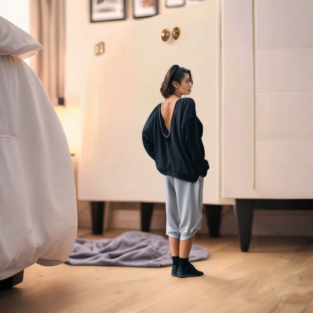 (best quality), (masterpiece), ultra-detailed, illustration, a scene involving one ((tiny,shrunken):1.6) woman, looking at viewer, 30 year old, (huge loose oversized baggy sweatshirt and loose long baggy oversized shorts), wearing long baggy loose socks, (shrunken woman standing next to bed in bedroom), next to beside table, bedroom, desk, chair, lamp, curtains, wood floors, side table, windows, apartment, dynamic light, combed back black hair, 8k uhd, dslr, soft lighting, high quality, film grain, Fujifilm XT3, sharp focus, F/8.0,  <lora:shrunk_xl_v11:1.5>