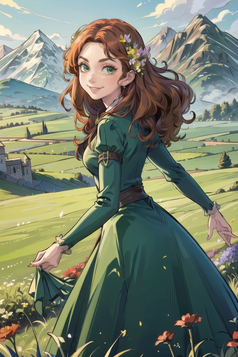 (MeridaWaifu),(green dress),1girl,solo,smile,dynamic angle,masterpiece,best quality,(detailed ladscape, castle, field, grass, mountains, flowers:1.2),colorful,<lora:MeridaBrave_character:0.5>,<lora:more_details:0.3>,<lora:GoodHands-beta2:1>,