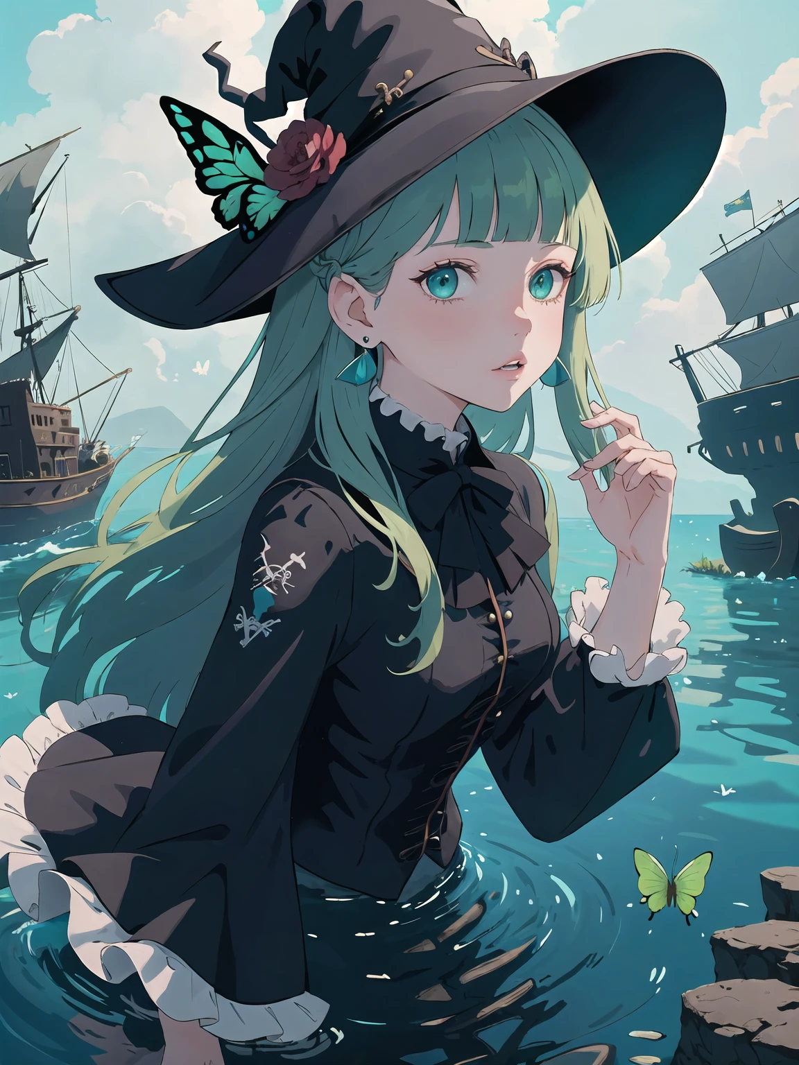 woman, long hair, ultra realistic 8k, butterfly, blunt bangs, parted lips, holding, green eyes, hat bow, black headwear, bangs, girl, green hair, aqua hair, hat ornament, masterpiece, witch hat, bow, long sleeves, best quality, depth of field, upper body, jewelry, looking at viewer, earrings, aqua eyes, raw photo, witch, hat flower, hat, lace, solo, frills, on the background adventurers diving to explore a sunken pirate ship teeming with marine life