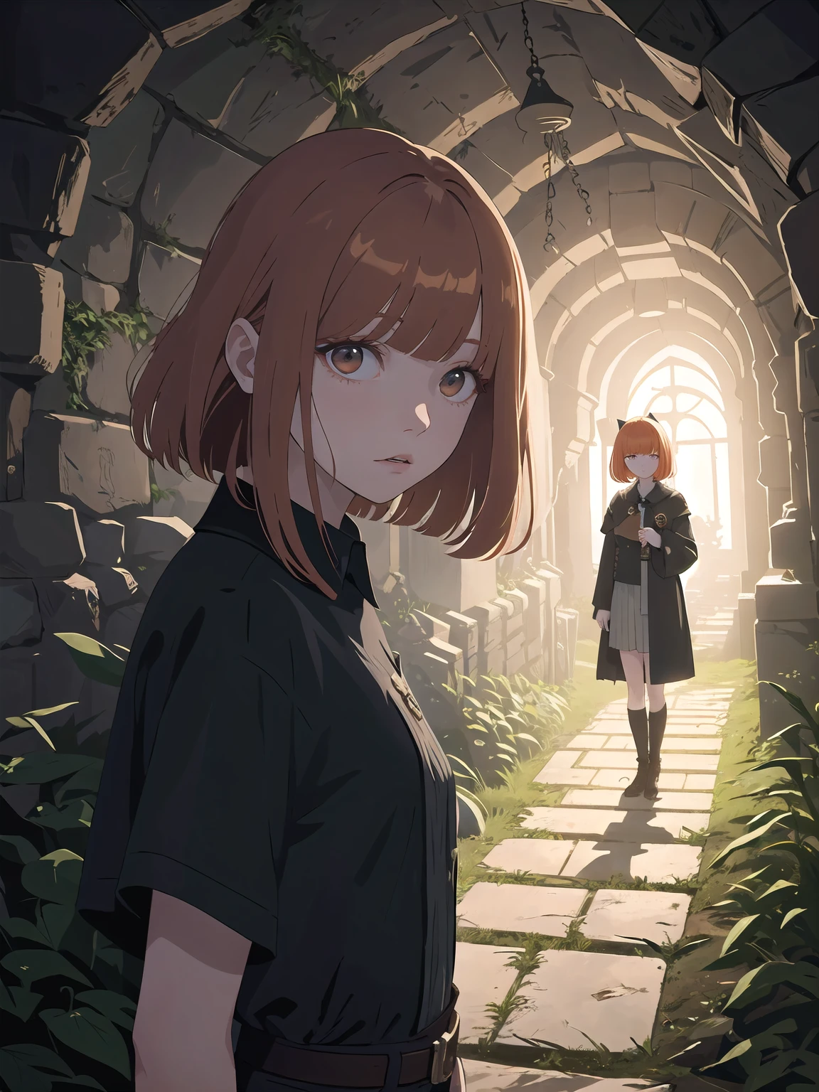 long bangs, masterpiece, best quality, hair over one eye, short ginger hair, young girl, realistic, excellent lighting, side lighting, on the background scary whispers guiding a man through the dark labyrinth of an underground maze