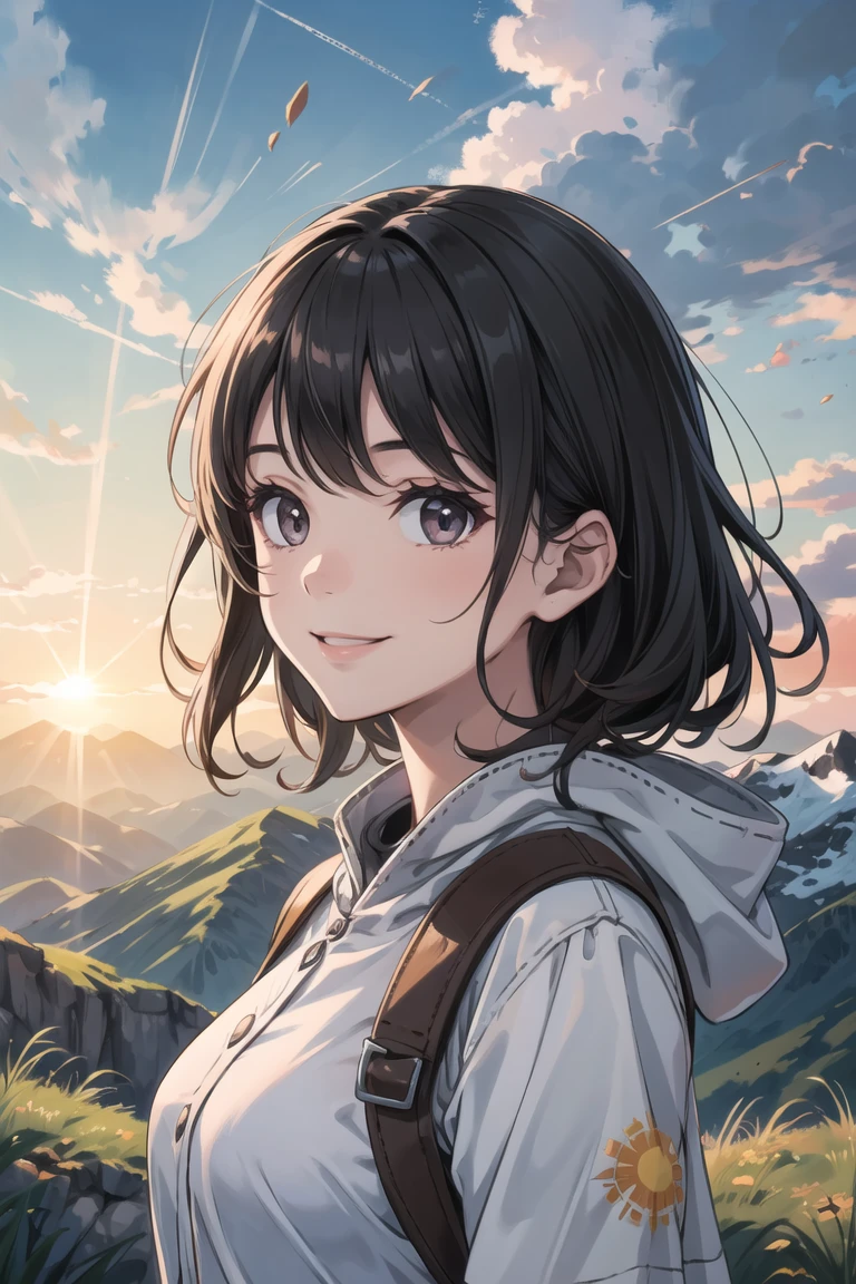 best quality,masterpiece,Dark hair,dark eyes,upper body,sun flare,outdoors,mountain,valley,sky. clouds,smiling,<lora:more_details:0.3>,<lora:GoodHands-beta2:1>,