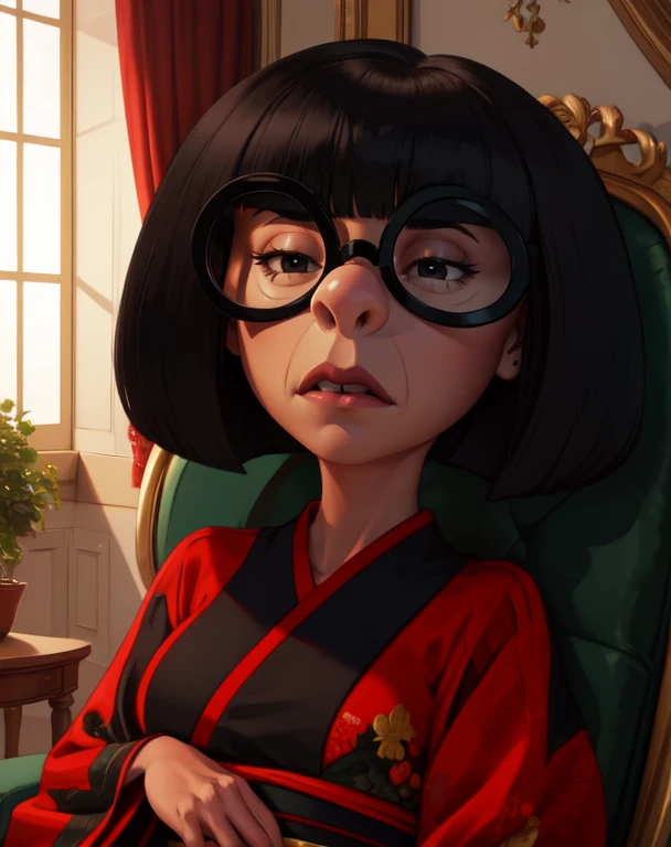 Edna, black bob cut,round black-framed eyewear,black eyes,blunt bangs, solo,
upper body, red kimono, large mansion, windows,
serious,
sitting,  fancy chair, 
(insanely detailed, beautiful detailed face,beautiful detailed eyes, masterpiece, best quality)  solo,  <lora:Edna-10v6:0.7>