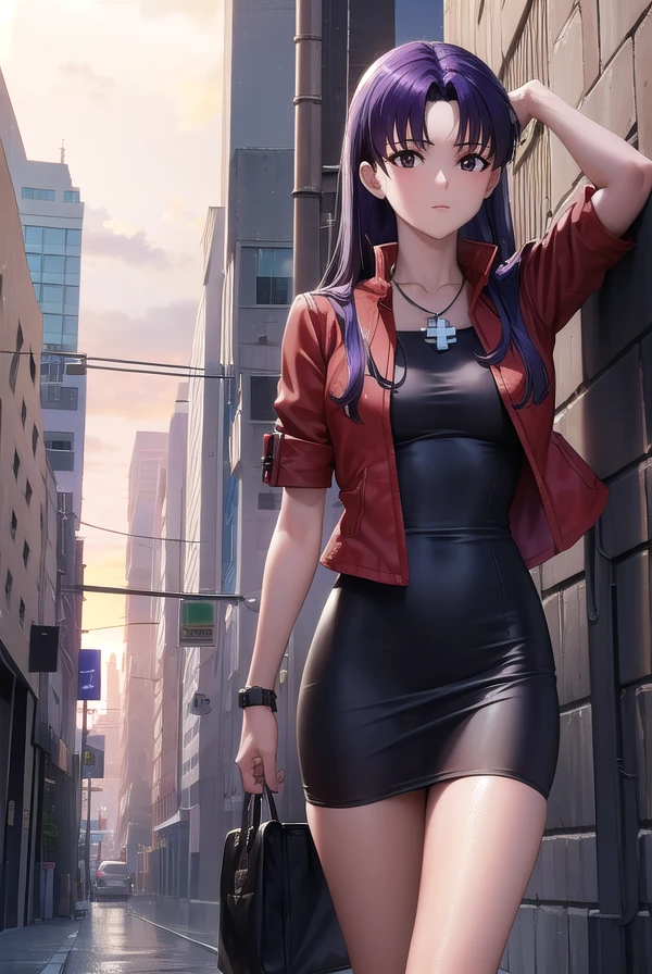 misatokatsuragi, <lora:misatokatsuragi-lora-nochekaiser:1>,
misato katsuragi, long hair, (brown eyes:1.5), blue hair, (purple hair:1.2),
BREAK dress, jacket, earrings, boots, necklace, black dress, high heels, short dress, (red jacket:1.5), watch, wristwatch, cross necklace,
BREAK outdoors, city,
BREAK looking at viewer, (cowboy shot:1.5),
BREAK <lyco:GoodHands-beta2:1>, (masterpiece:1.2), best quality, high resolution, unity 8k wallpaper, (illustration:0.8), (beautiful detailed eyes:1.6), extremely detailed face, perfect lighting, extremely detailed CG, (perfect hands, perfect anatomy),