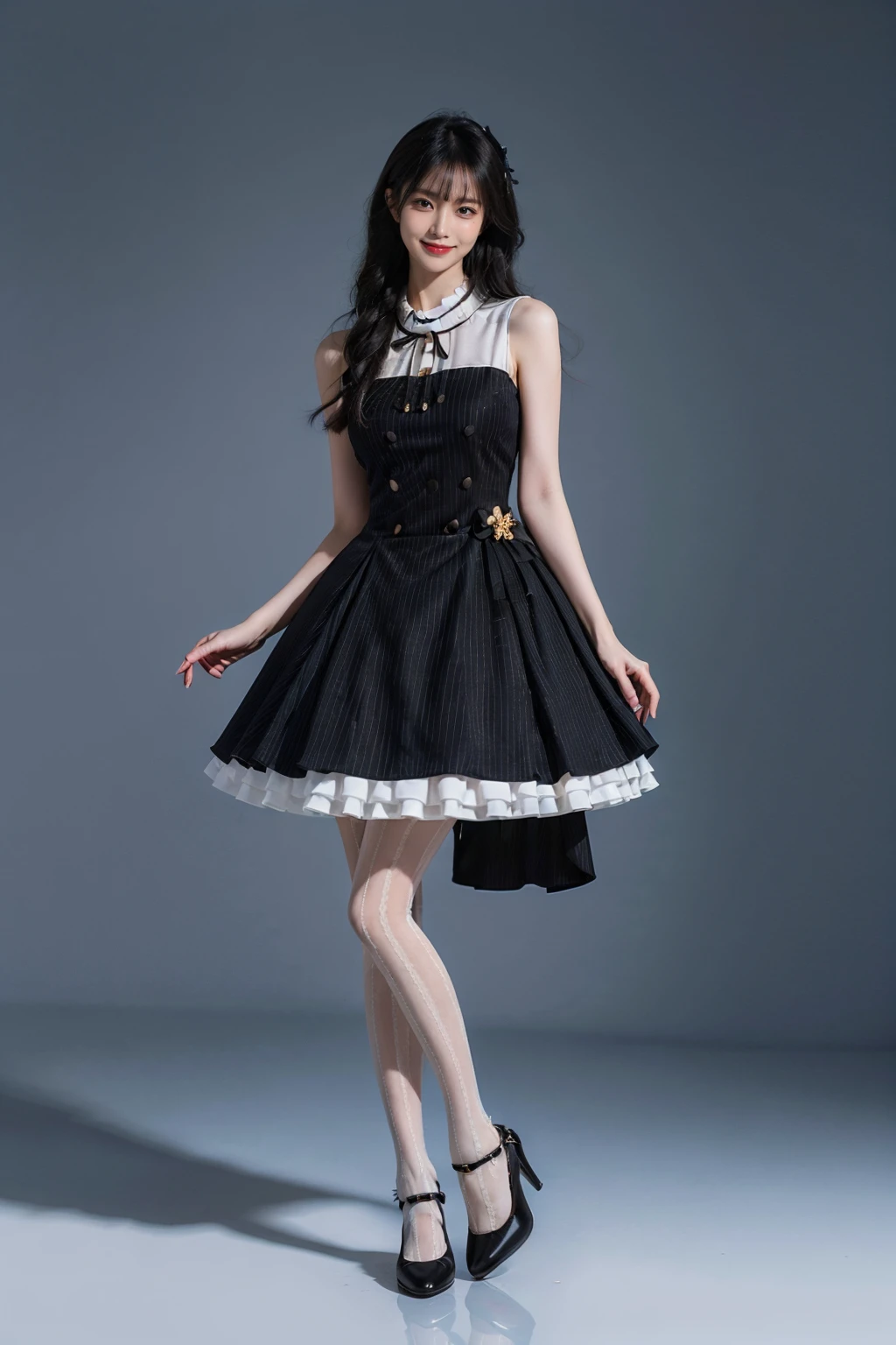 best quality, quality, masterpiece, photorealistic, 1girl, solo, standing, long black hair, blunt bangs, looking at viewer, smile, full body, dating dress, pantyhose, high heels, simple background, <lora:dating_attire_style3_v1:0.7>