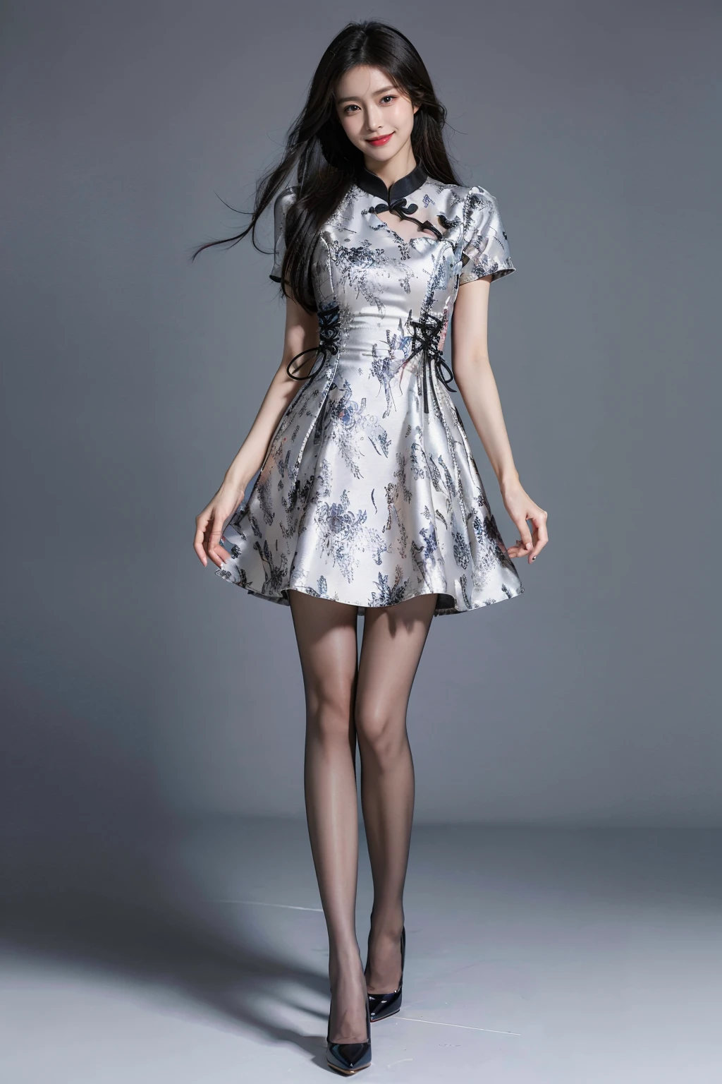 best quality, quality, masterpiece, photorealistic, 1girl, solo, looking at viewer, smile, full body, cns dress, dress, china dress, pantyhose, hight heels, simple background, <lora:cns_attire_vol2_style1_v1:0.65>