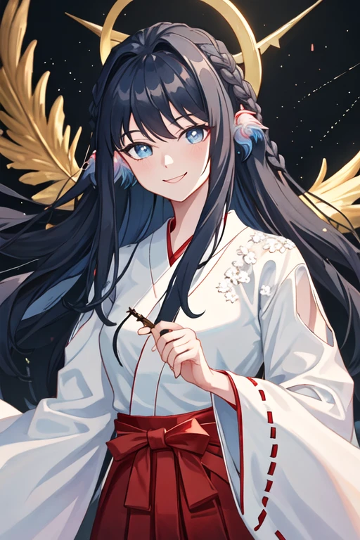 best quality, masterpiece, highres, solo, {white kimono:1.35}, {red hakama:1.35}, {wide sleeves:1.20}, {astesia_arknights:1.15}, long_hair, blue_hair, blue_eyes, bangs, smile, bright_pupils