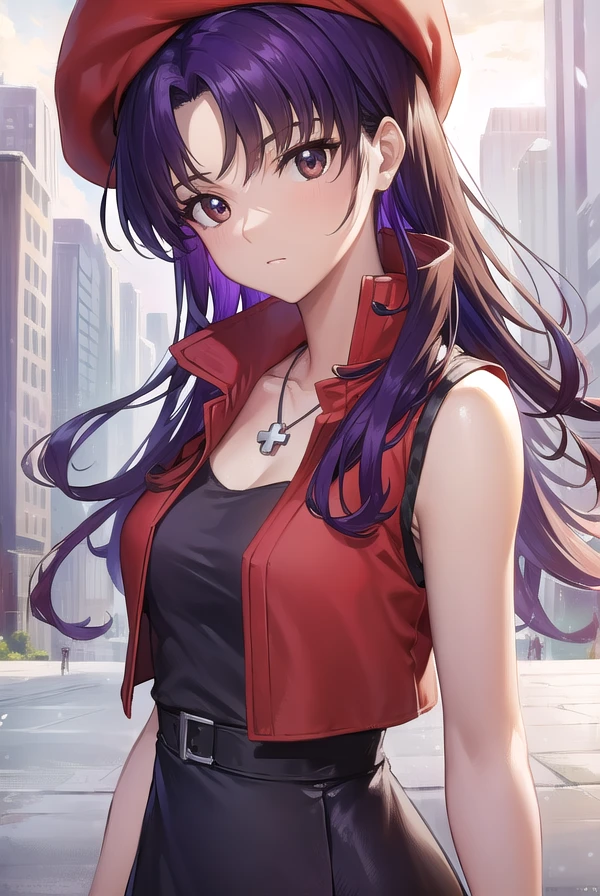 misatokatsuragi, <lora:misatokatsuragi-lora-nochekaiser:1>,
misato katsuragi, long hair, (brown eyes:1.5), blue hair, (purple hair:1.2),
BREAK hat, dress, bare shoulders, jewelry, jacket, earrings, open clothes, sleeveless, necklace, black dress, open jacket, sleeveless dress, beret, short dress, cross, red headwear, (red jacket:1.5), cross necklace,
BREAK outdoors, city,
BREAK looking at viewer, (cowboy shot:1.5),
BREAK <lyco:GoodHands-beta2:1>, (masterpiece:1.2), best quality, high resolution, unity 8k wallpaper, (illustration:0.8), (beautiful detailed eyes:1.6), extremely detailed face, perfect lighting, extremely detailed CG, (perfect hands, perfect anatomy),