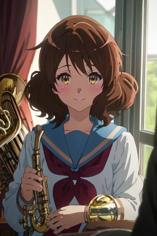 best quality, masterpiece, highres, solo, {oumae_kumiko_soundeuphonium:1.15}, brown_hair, short_hair, brown_eyes, blush, serafuku, bangs, closed_mouth, 1girl, brown_shirt, holding_instrument, indoors, instrument, kitauji_high_school_uniform, neckerchief, sailor_collar, school_uniform, shirt, white_sailor_collar, holding, smile, red_neckerchief, curtains, long_sleeves, looking_at_viewer, window