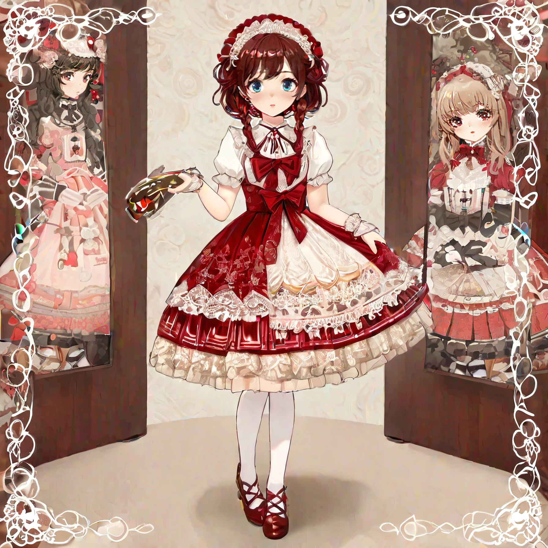 SweetHarajuku_LoRA, A *censored* fashionista with a whimsical, enigmatic gaze, wearing a high-tech (Cedarwood AND Red) *censored* outfit, turns her head to reveal an intricate lace collar. Rendered as a highly detailed digital illustration with a *censored*-inspired color palette, capturing the essence of renowned *censored* fashion designers' works. (full body shot), <lora:SweetHarajuku_LoRA:1.0>