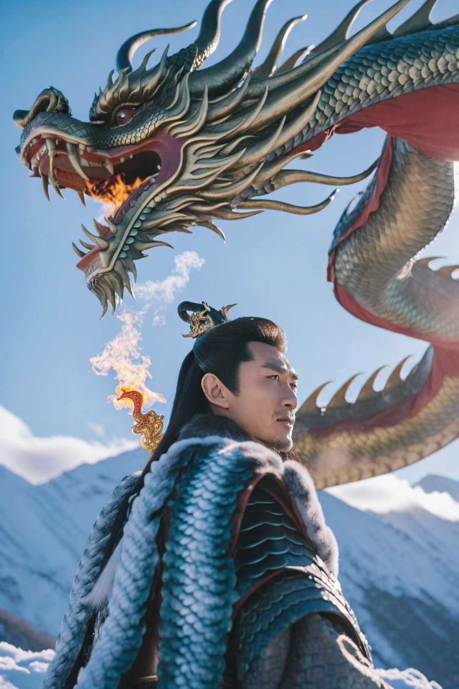 cinematic photo (winter day ),majestic dragon a chinese man in hanfu . swirling clouds, powerful scales, and fiery breath,Resting on a diagonal,waning light . 35mm photograph, film, bokeh, professional, 4k, highly detailed