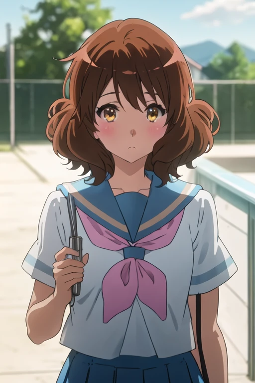 best quality, masterpiece, highres, solo, {oumae_kumiko_soundeuphonium:1.15}, brown_hair, short_hair, brown_eyes, blush, serafuku, bangs, closed_mouth, 1girl, blue_sky, blurry, cloud, kitauji_high_school_uniform, looking_at_viewer, outdoors, sailor_collar, school_uniform, shirt, sky, white_shirt, tree, day, neckerchief, short_sleeves, blue_sailor_collar, blurry_background, pink_neckerchief
