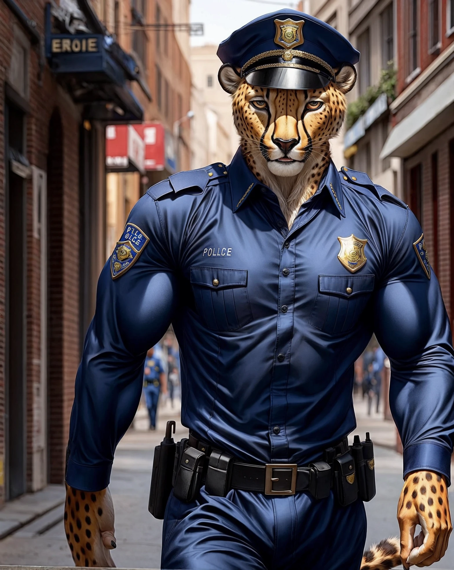 anthro, cheetah, male, adult, muscular, veiny muscles, police uniform, realistic fur, detailed background, street background, realistic, photorealistic, ultra realistic, 8k,