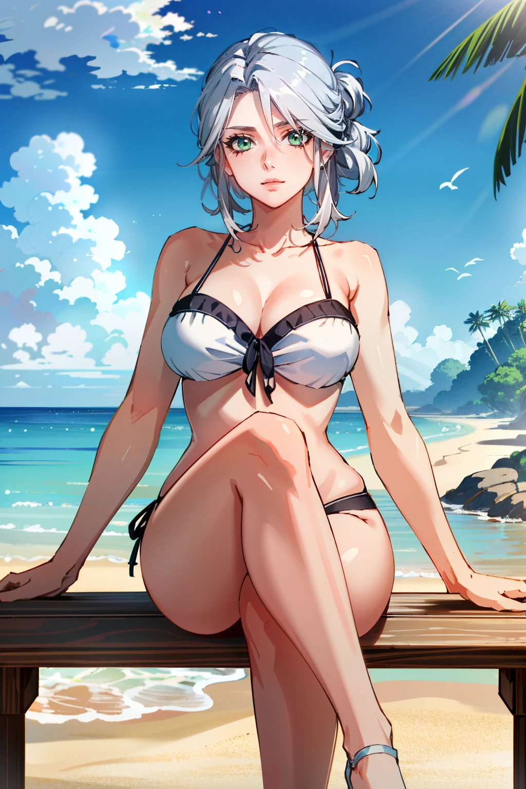 ( masterpiece, best quality, highres:1.3)
<lora:CiriWitcher:0.7>
CiriWitcher, white hair, green eyes, at the beach, bikini, sitting, cocktail