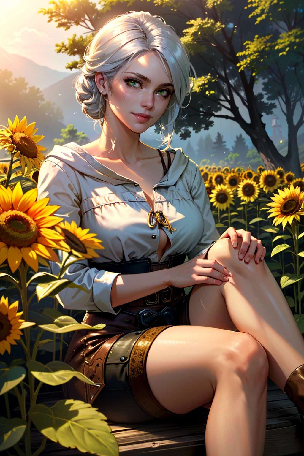 ( masterpiece, best quality, highres:1.3)
<lora:CiriWitcher:0.7>
CiriWitcher, white hair, green eyes, sitting in a sunflower field, smiling, sunlight
