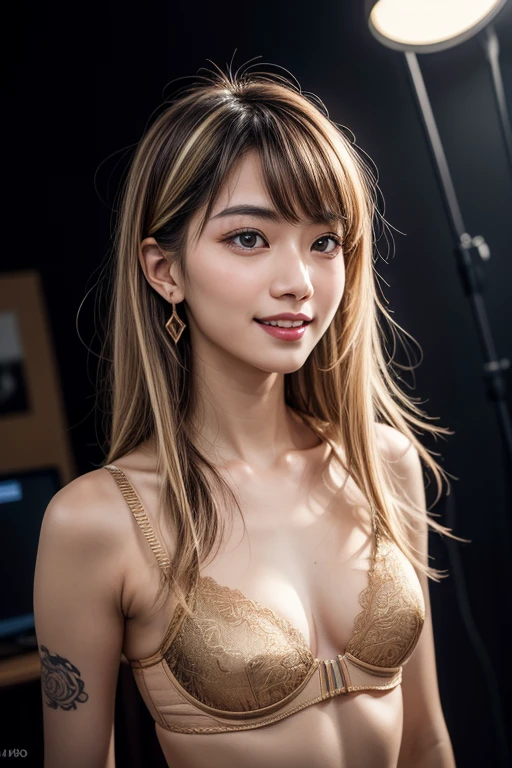 ((masterpiece)),((bestquality)),8k,high detailed,ultra-detailed,photography,award winning,documentary,Original Photo,Realisticity,(simple background:1.35),
1girl,solo,Asian slim girl,thin girl,solo,beautiful face,real skin texture,well-proportioned hands,medium full shot,((((Random color underwear, )))),(different face features:1.45),earrings,random color nail polish,makeup,eyeliner,eyelashes,(random color lips),Dark blonde Hair,swept bangs,dreadlocks,undercut with Tattoos,
([Vertical lighting|Fresnel lighting|coutre-jour|Daylight simulation lighting]),(in the studio,[Golden Ratio|Portrait|Cinematic Shot]),[looking away|Salute|hand on another's hand|hands in opposite sleeves|Parody|Fleeing],<lora:add_detail:1>,<lora:muscle_slider_v1:-0.4>,<lora:weight_slider_v2:-0.35>,Crazy Smile,Slightly Open Mouth,