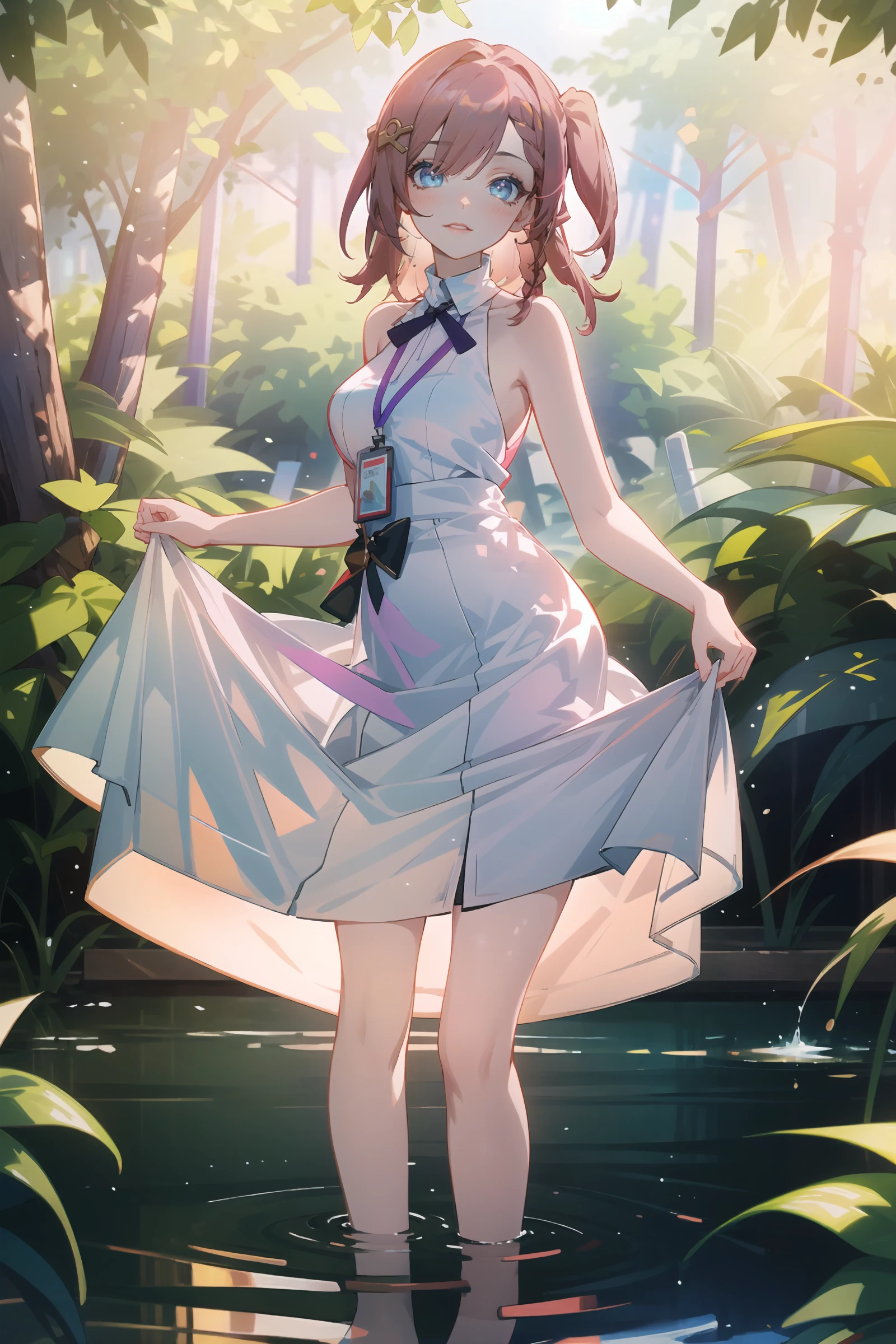 1girl, asta \(honkai: star rail\), (sundress, white dress, sleeveless dress:1.2), bare legs, stream, wading, (skirt hold, curtsey: 1.2), looking at viewer, laughing, forest, depth of field, (extremely detailed CG unity 8k wallpaper,masterpiece, best quality, ultra-detailed, beautiful detailed eyes:1.2)