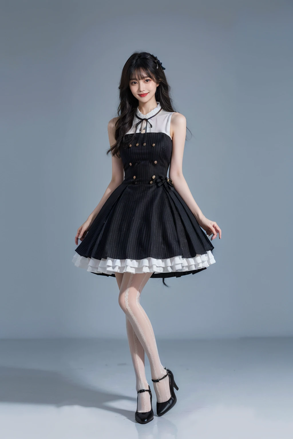 best quality, quality, masterpiece, photorealistic, 1girl, solo, standing, long black hair, blunt bangs, looking at viewer, smile, full body, dating dress, pantyhose, high heels, simple background, <lora:dating_attire_style3_v1:0.7>