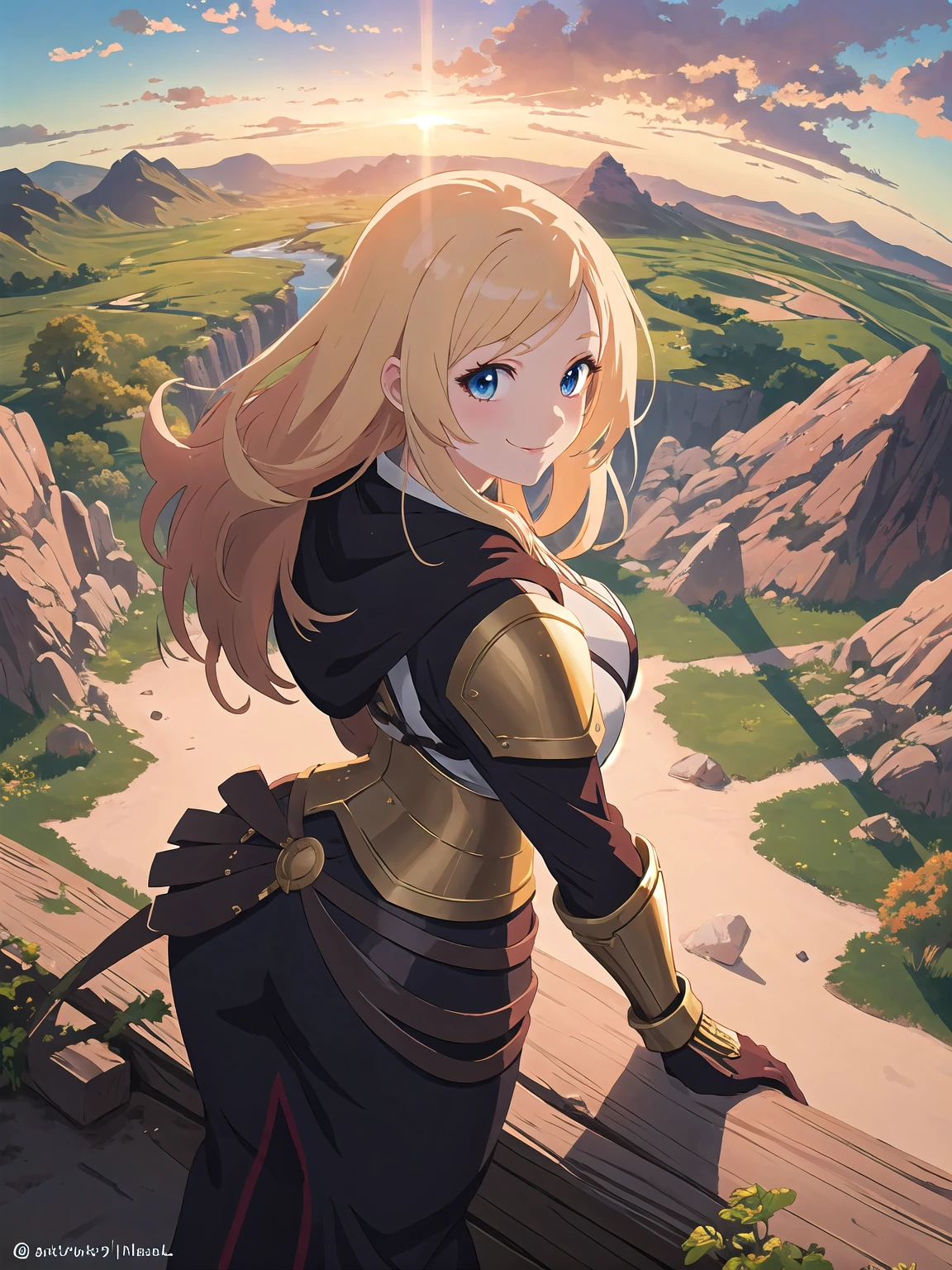 anime, curvy girl, smile, detailed hauberk, from above, on the background the golden light of sunrise painting the prehistoric wilderness