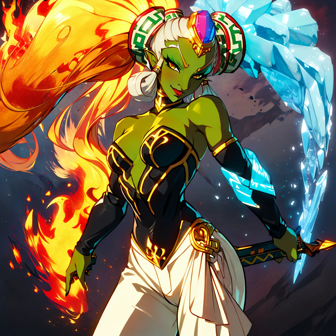 ((masterpiece,best quality)), absurdres,
<lora:botw_style_offset:0.6>,
<lora:Twinrova:1>, twinrova, solo, fire hair, ice hair, twintails, green skin, white pants, yellow eyes,
smug, cowboy shot, looking at viewer,