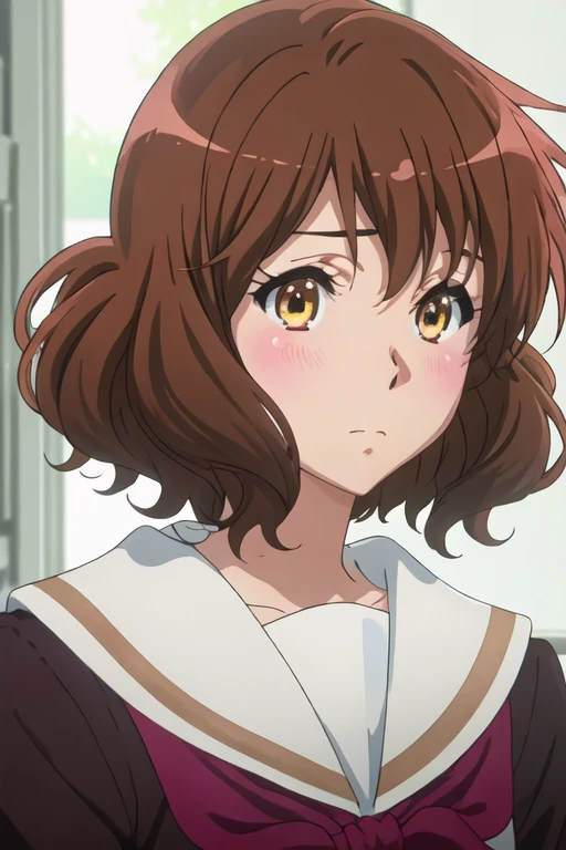 best quality, masterpiece, highres, solo, {oumae_kumiko_soundeuphonium:1.15}, brown_hair, short_hair, brown_eyes, blush, serafuku, bangs, closed_mouth