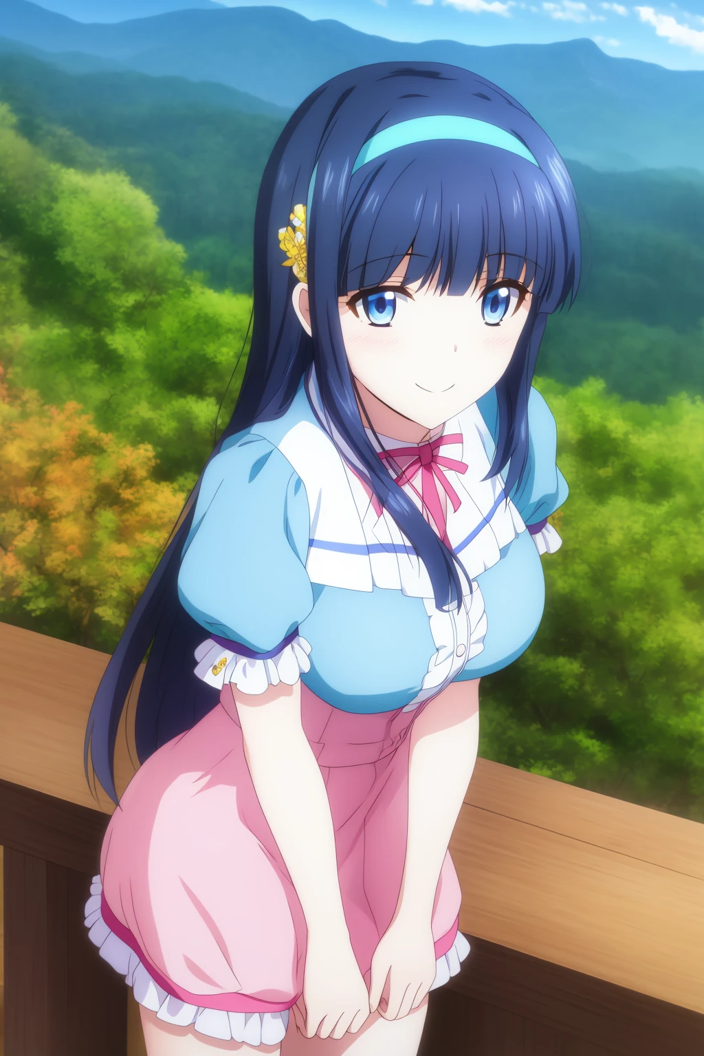 miyuki, 1girl, solo, long_hair, breasts, smile, bangs, blue_eyes, large_breasts, mountain, hair_ornament, outdoor, medium_breasts, blue_hair, short_sleeves, sidelocks, hairband, puffy_sleeves, blunt_bangs, puffy_short_sleeves, from_above, pink_dress, yellow_hairband
