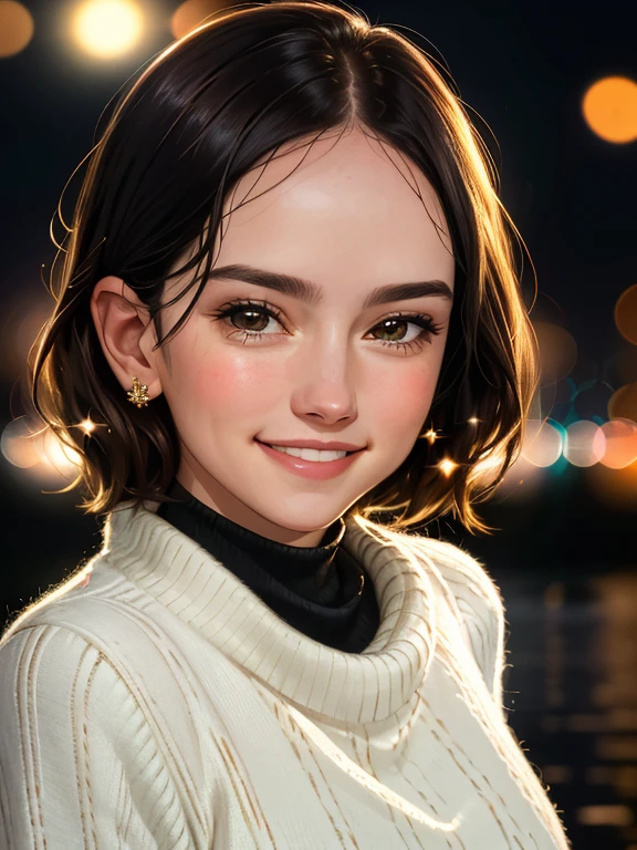 daisyrdl,a woman,(front view:1),medium lenght hair,looking at viewer,(city lights),wearing sweater,rainy,golden hour,smile,extremely detailed,intricated,masterpiece,cinematic,(film grain:1.2),bokeh,volumetric lighting,motion blur, (rim light:1.2), <lora:daisyrdl-4:1>