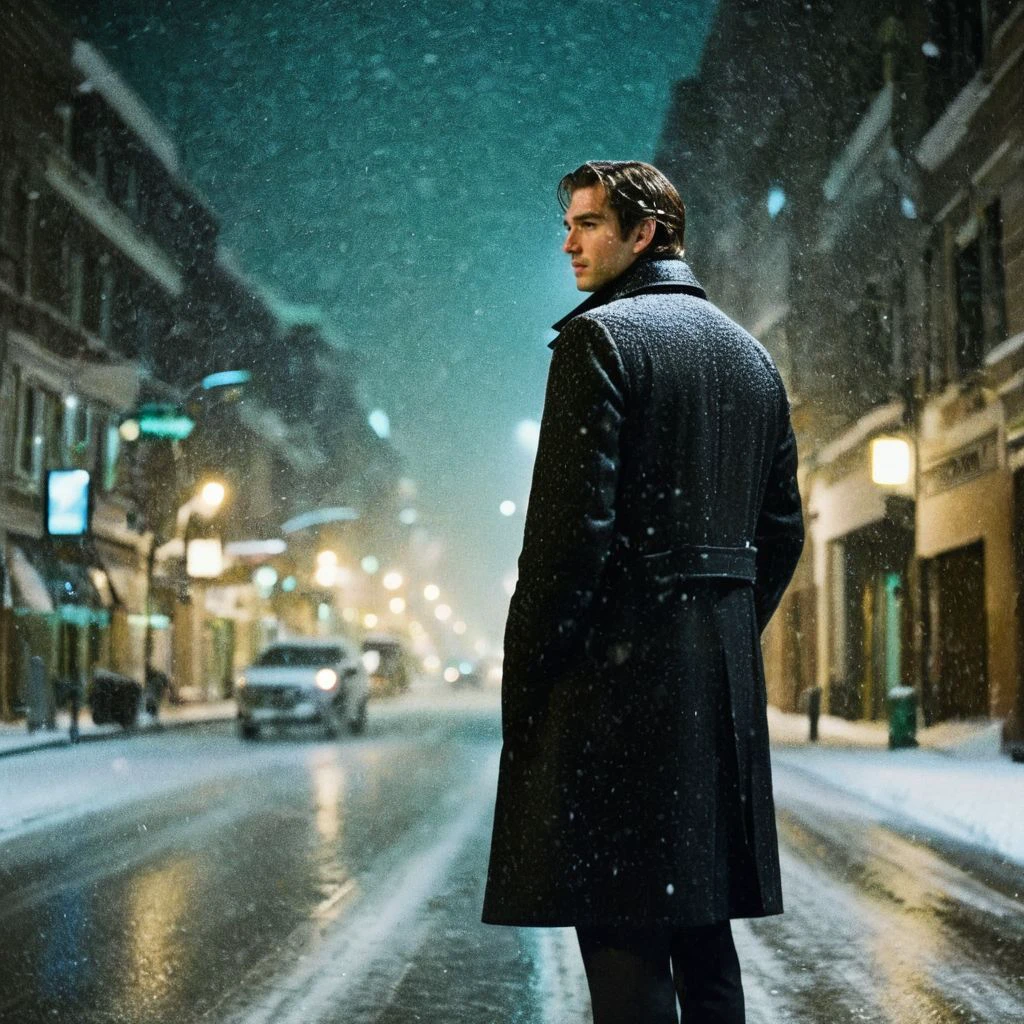 film photography style a man with brown hair during a snowstorm at night, Low Angle, Medium Shot <lora:FILM_PHOTOGRAPHY_STYLE-000049:.6>