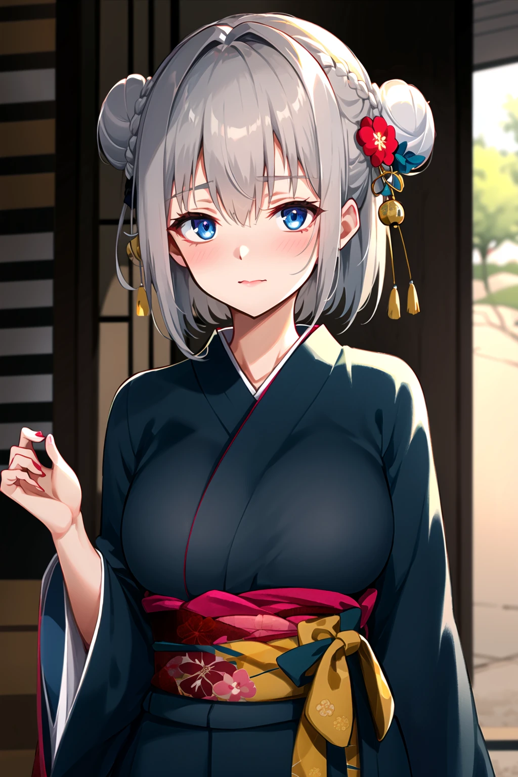 japanese_clothes, kimono, 1girl, solo, looking_at_viewer, white_kimono, floral_print, hair_bun, upper_body, blush, sash, eyebrows_visible_through_hair, blue_kimono, yukata, obi, wide_sleeves, bangs, print_kimono, hair_flower, long_sleeves, blue_eyes, hair_ornament, closed_mouth, breasts, silver_hair, double_bun, bow, flower, hair_between_eyes, short_hair, hair_up, braid, grey_eyes <lora:style_Kiyokujiyo:1>