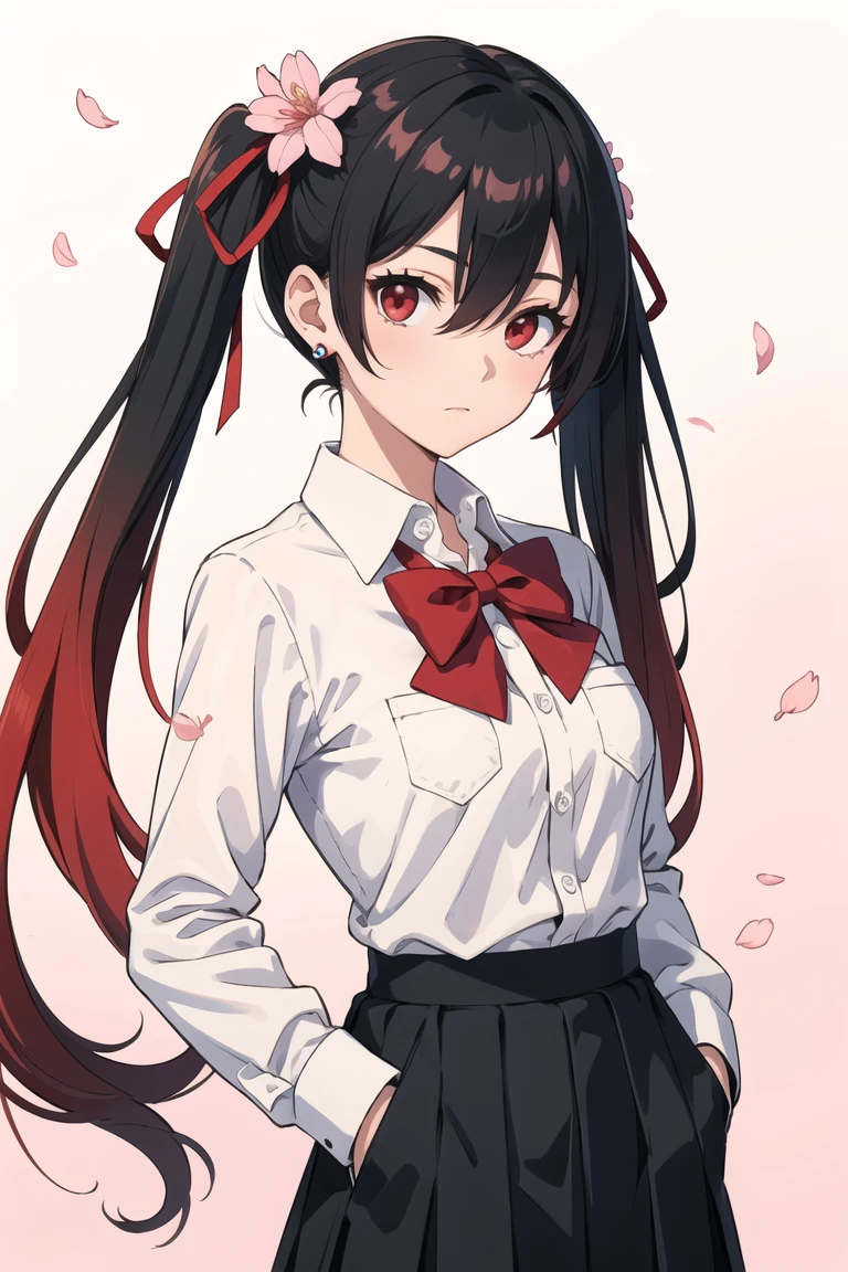 cowboy shot,1girl,solo,shirt,bow,bowtie,black hair,long hair,skirt,twintails,red eyes,jewelry,earrings,white shirt,hair flower,looking at viewer,hair ornament,hands in pockets,flower,red bow,ribbon,black skirt,pocket,petals,hair ribbon,collared shirt,pleated skirt,red bowtie,long sleeves,closed mouth,red ribbon,multicolored hair,gradient,breast pocket,cherry blossoms,gradient background,red hair,bangs,pink flower,hair between eyes,dress shirt,school uniform,very long hair,<lora:GoodHands-beta2:1>,