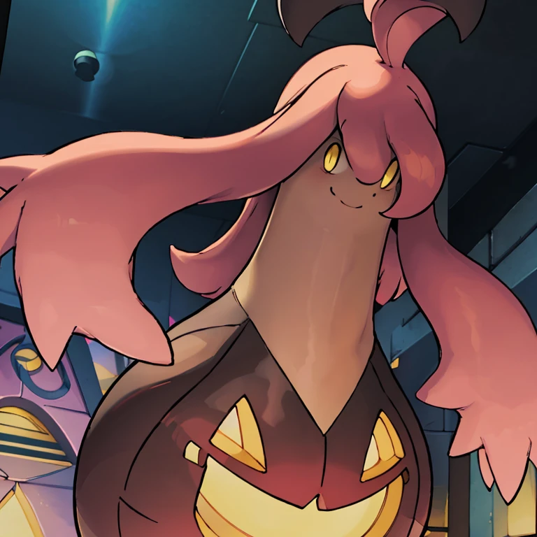 ((masterpiece,best quality)), absurdres, 
<lora:Gourgeist_Pokemon_Anime:1>, Gourgeist_Pokemon, no humans, pokemon \(creature\),
solo, smiling, looking at viewer,
purple theme, graveyard in background,