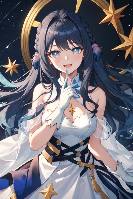 best quality, masterpiece, highres, solo, {astesia_arknights:1.15}, long_hair, blue_hair, blue_eyes, bangs, smile, bright_pupils, 1girl, dress, gloves, hand_on_own_chest, open_mouth, white_dress, white_gloves, bare_shoulders, official_alternate_costume, star_\(symbol\), hair_ornament, upper_body