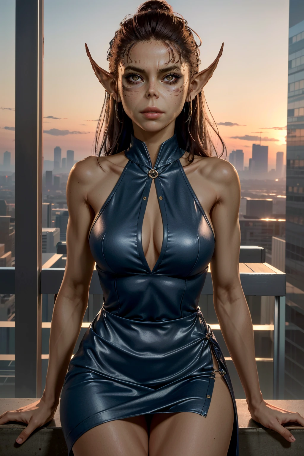 ( masterpiece, best quality, highres:1.3)
<lora:BGLaezel-000001:0.7>
BGLaezel, 1girl, solo, pointy ears, long hair, cityscape, at night, on top of a skyscraper, short dress, tight