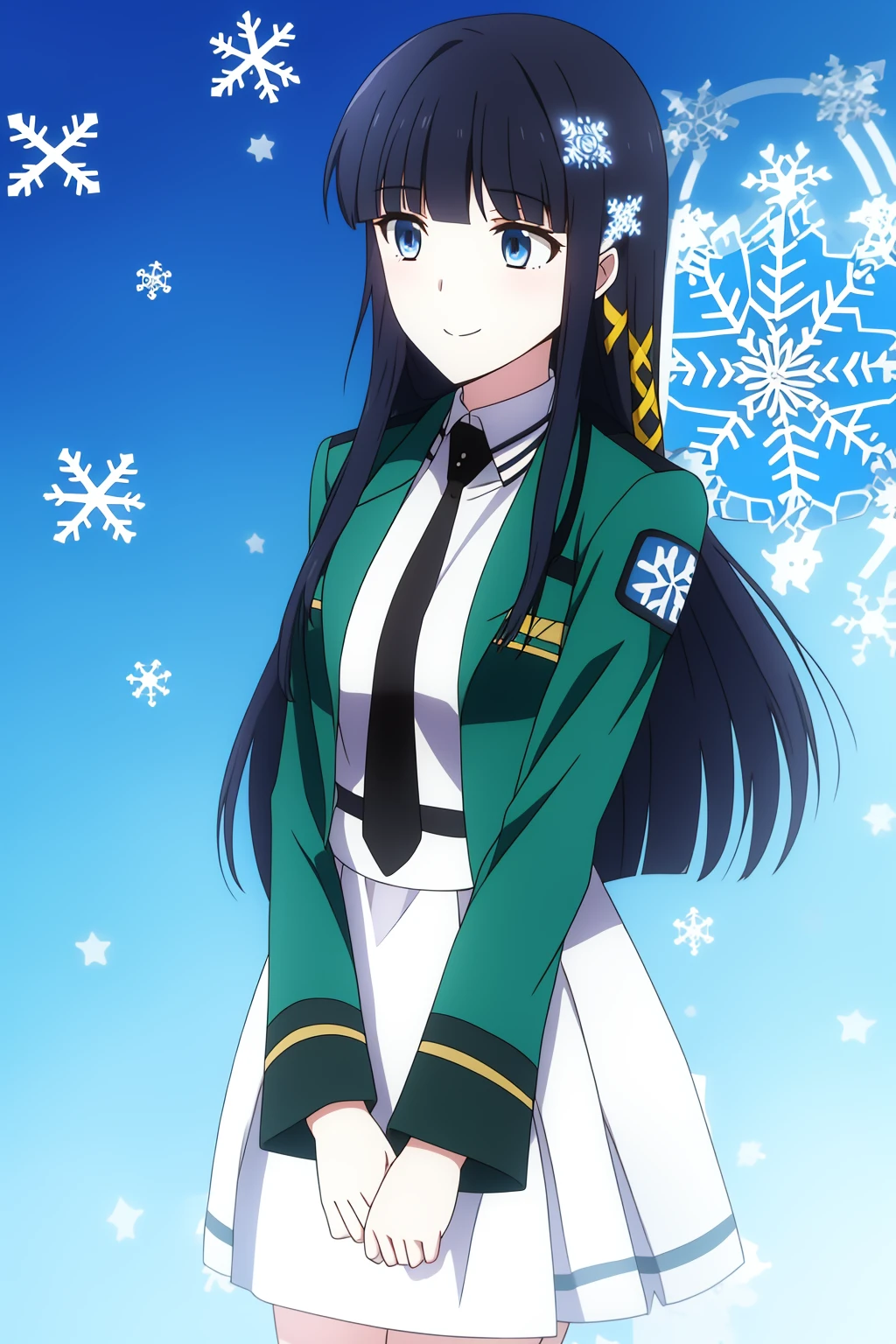 miyuki, 1girl, solo, long_hair, breasts, smile, bangs, blue_eyes, black_hair, hair_ornament, long_sleeves, school_uniform, hair_ribbon, blunt_bangs, white_dress, looking_to_the_side, looking_away, own_hands_together, black_necktie, v_arms, snowflakes, snowflake_hair_ornament