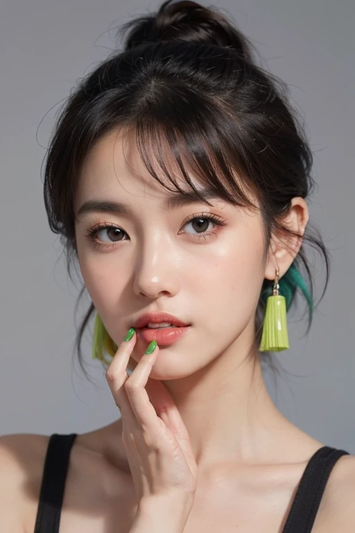 (((masterpiece))),((bestquality)),8k,high detailed,ultra-detailed,photography,award winning,documentary,Original Photo,Realisticity,(Radom simple color background:1.35),1girl,slim asian girl,beautiful face,slim body,((real skin texture)),(well-proportioned hands),((different face features for each pictures:1.45)),((different girl for each picture:1.45)),((random color underwear)),makeup foundatiom,eyeliner,eyelashes,random color lipstick,random color nail polish,makeup,earring,rings,Neon green Hair,topknot,asymmetrical bangs,black long straight,[Happy New Year|Homu|Yandere],